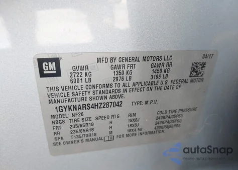 2017 Cadillac Xt5 Standard из США, поврежденный, VIN 1GYKNARS4HZ287042